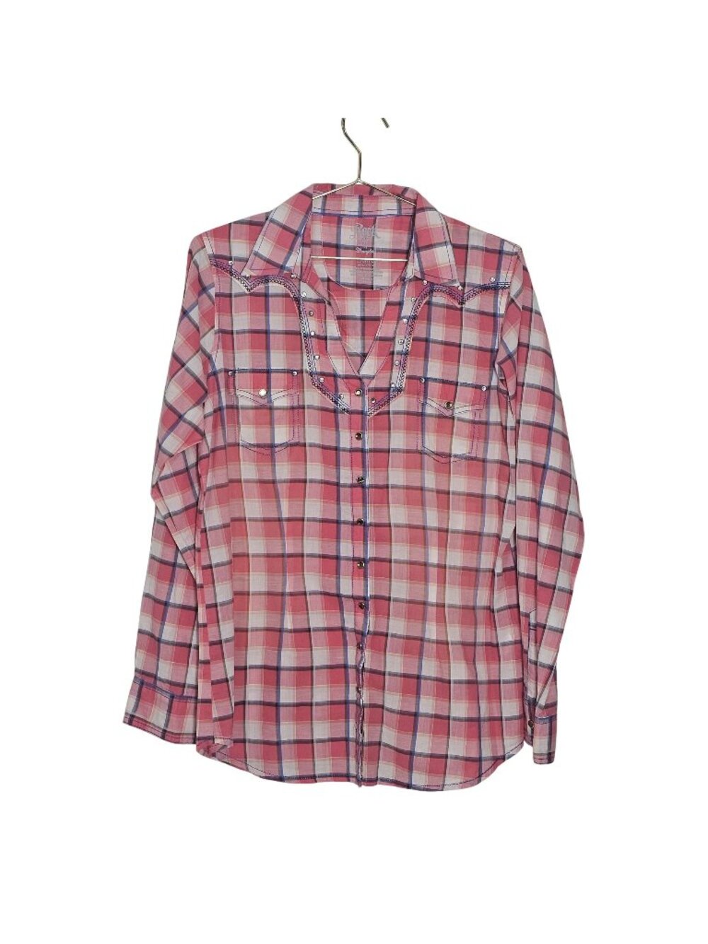 Rock 47 By Wrangler Womens Pink Plaid Western Shirt W/ Embellished Yoke & Pocket
